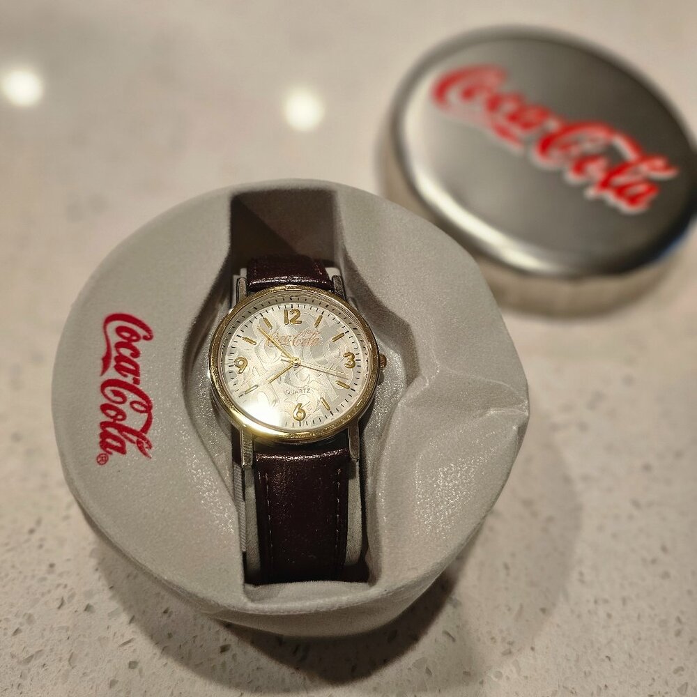 New Vintage Coca-Cola themed quartz wristwatch with brown leather band